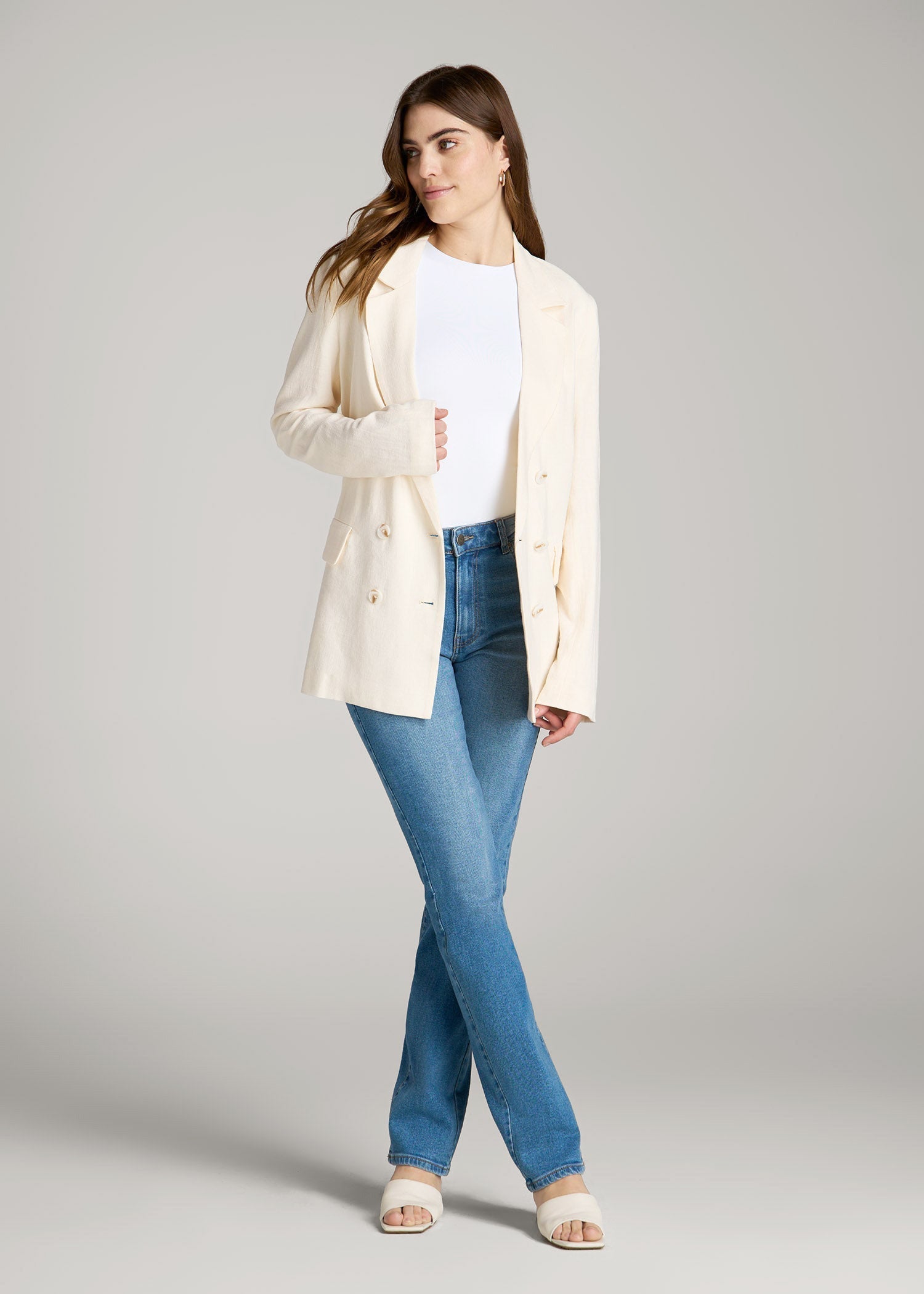 Linen Blend Tie Back Blazer For Tall Women in White Alyssum