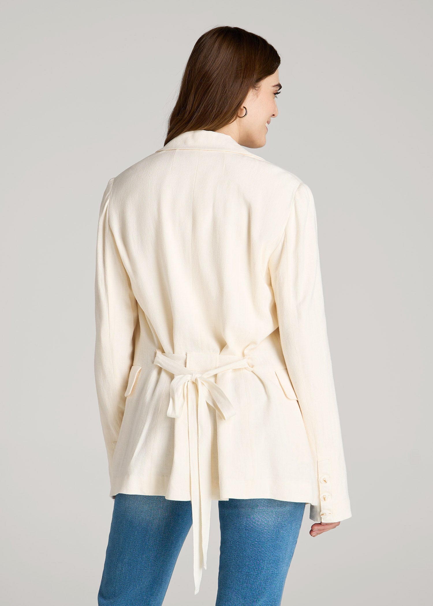 Linen Blend Tie Back Blazer For Tall Women in White Alyssum