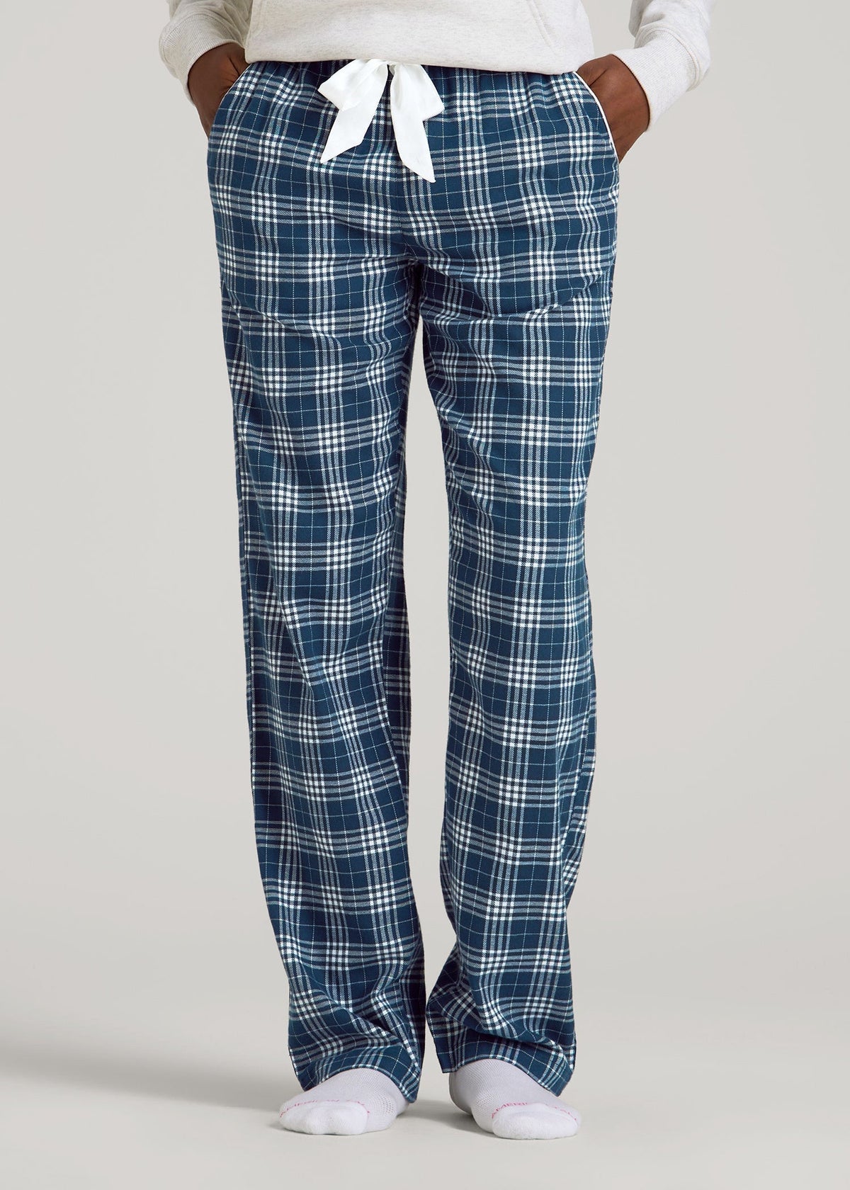Tie Waist Flannel Pajama Pants for Tall Women in Navy and White Plaid