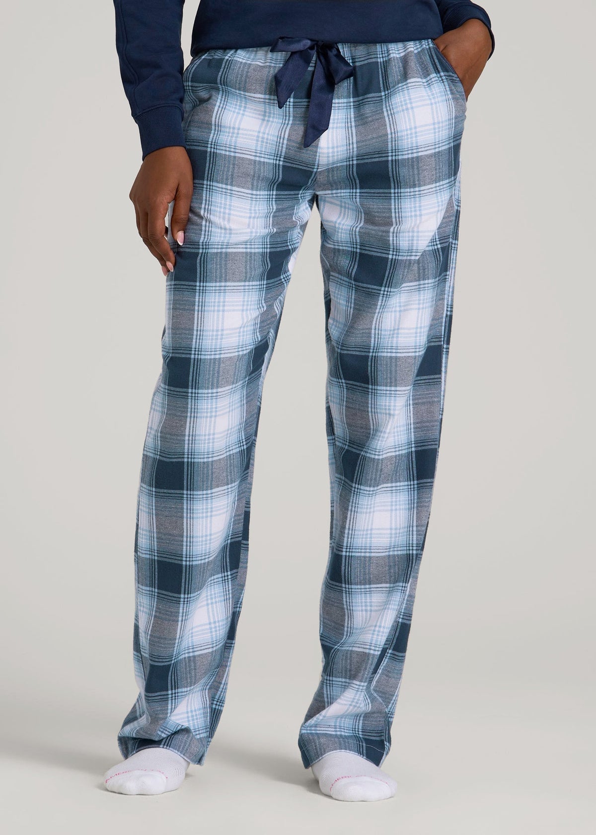 Tie Waist Flannel Pajama Pants for Tall Women in Blue and White Plaid