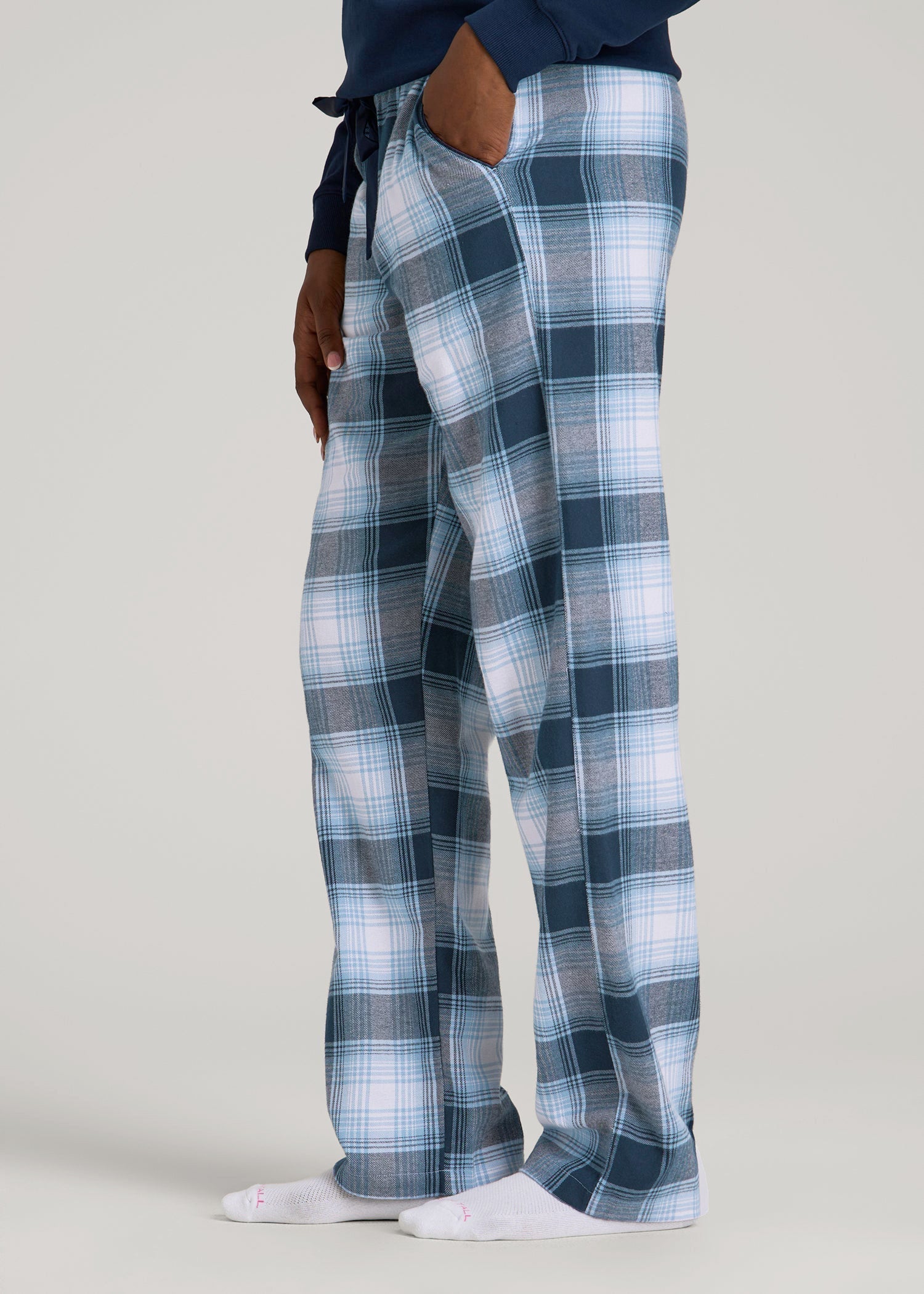 Tie Waist Flannel Pajama Pants for Tall Women in Blue and White Plaid