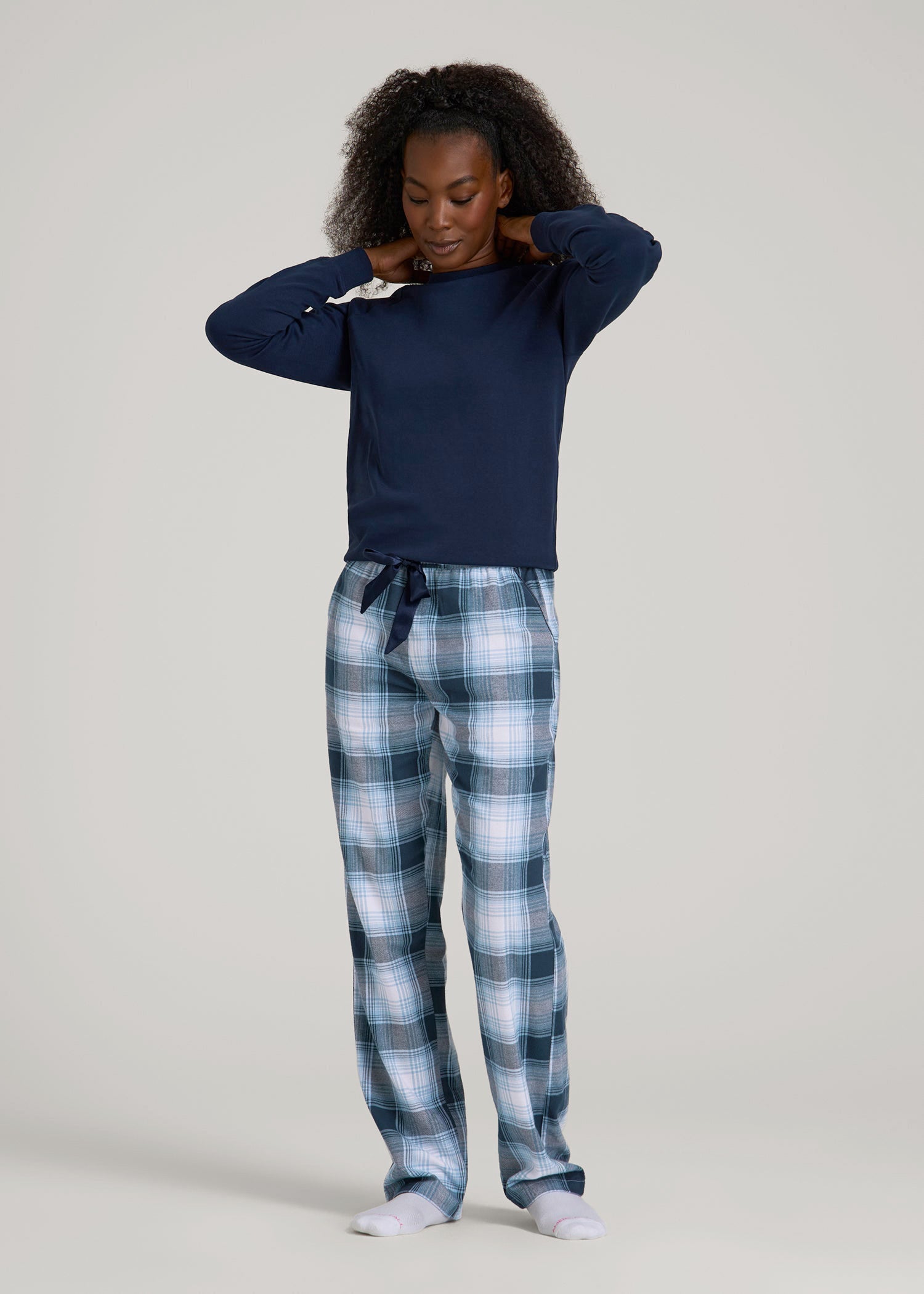 Tie Waist Flannel Pajama Pants for Tall Women in Blue and White Plaid