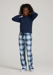 Tie Waist Flannel Pajama Pants for Tall Women in Blue and White Plaid