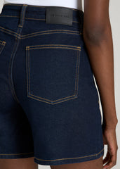 Stretch Denim Shorts for Tall Women in Deep Indigo Wash