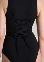Quarter Zip Cinched One Piece Swimsuit for Tall Women in Deep Black