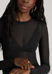 Power Mesh Fitted Long Sleeve Top for Tall Women in Deep Black