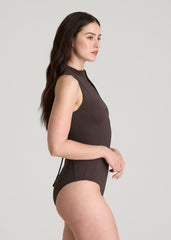 Quarter Zip Cinched One Piece Swimsuit for Tall Women in Espresso