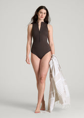 Quarter Zip Cinched One Piece Swimsuit for Tall Women in Espresso