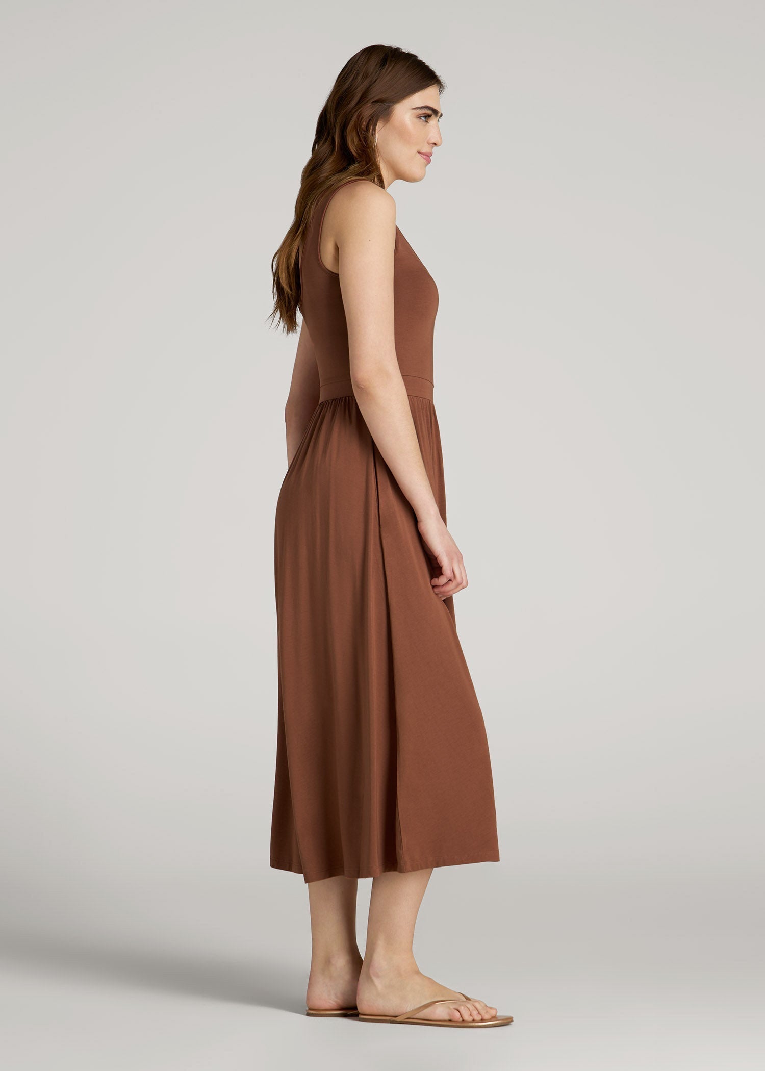Jersey Tank Dress with Pockets for Tall Women in Clay Brown