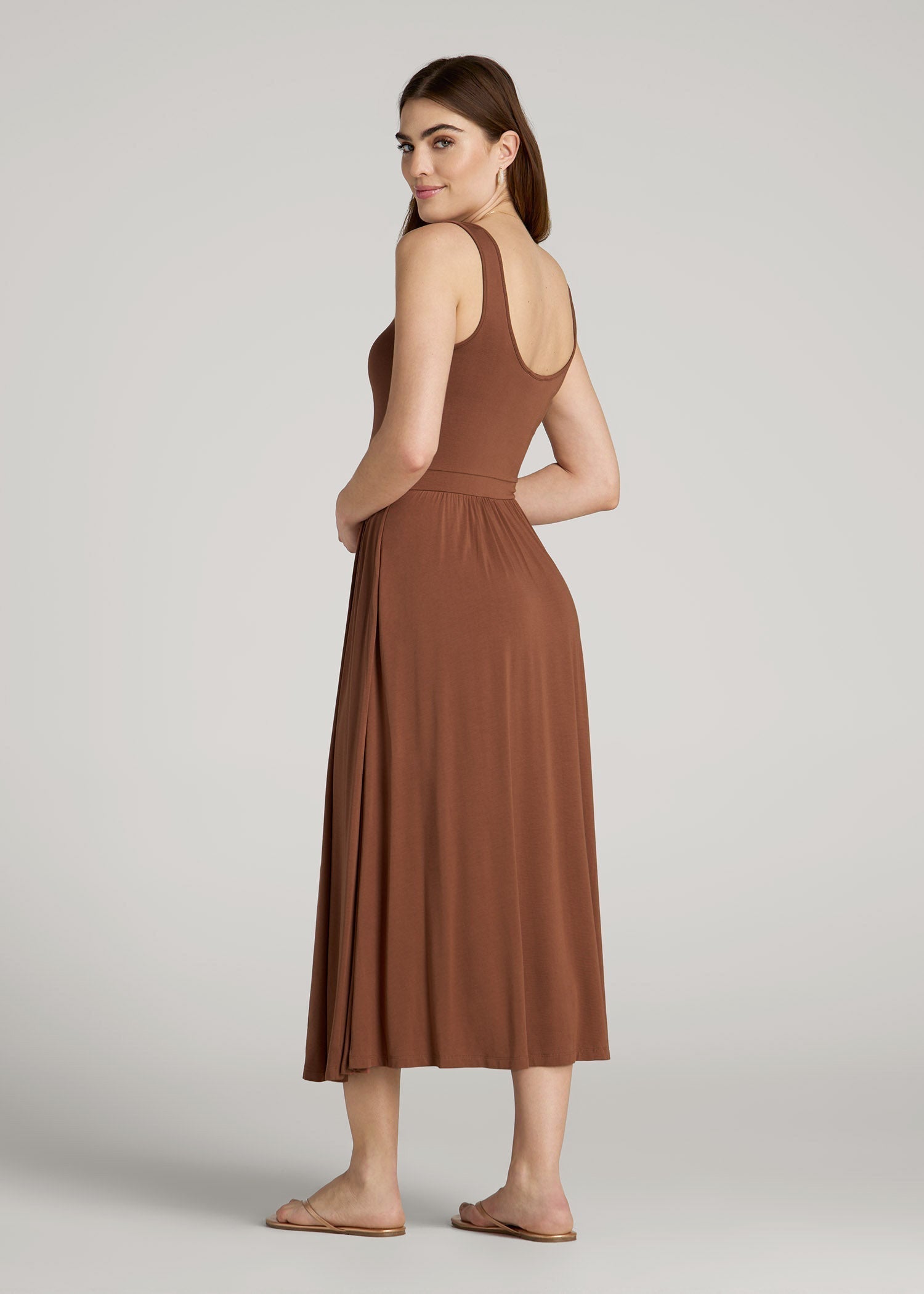 Jersey Tank Dress with Pockets for Tall Women in Clay Brown