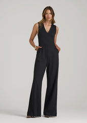 Soft Flex Ponte Wide-Leg V-Neck Jumpsuit for Tall Women in Black