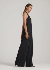 Soft Flex Ponte Wide-Leg V-Neck Jumpsuit for Tall Women in Black