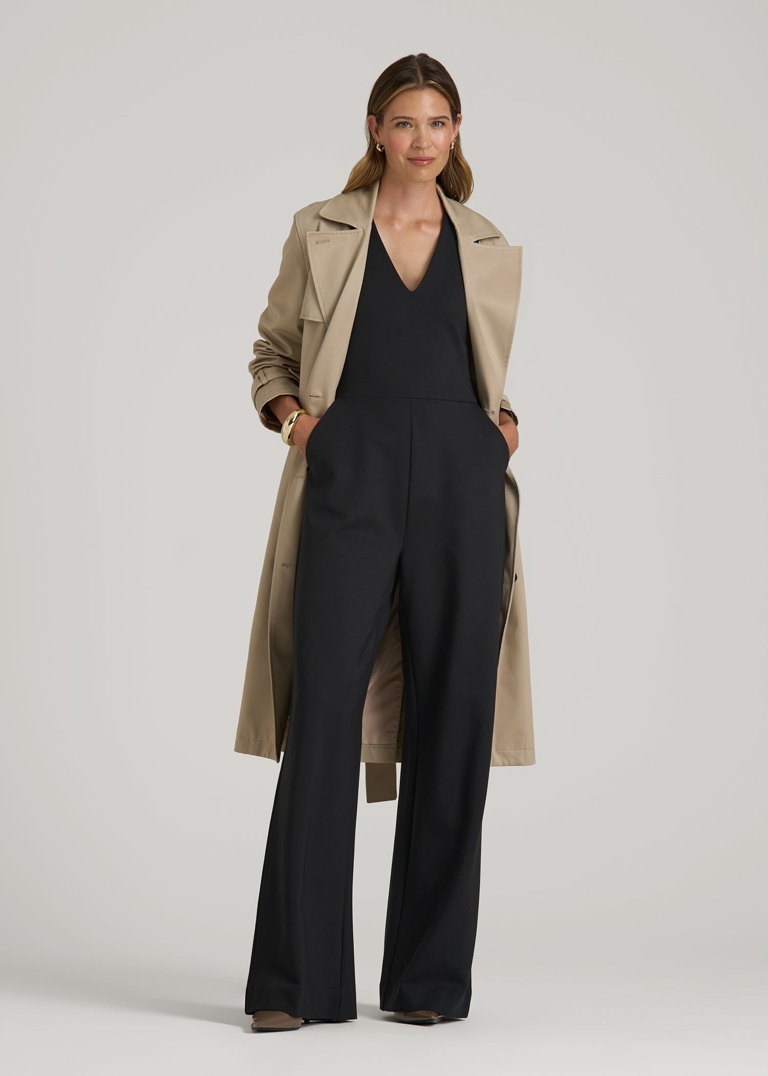 Soft Flex Ponte Wide-Leg V-Neck Jumpsuit for Tall Women in Black