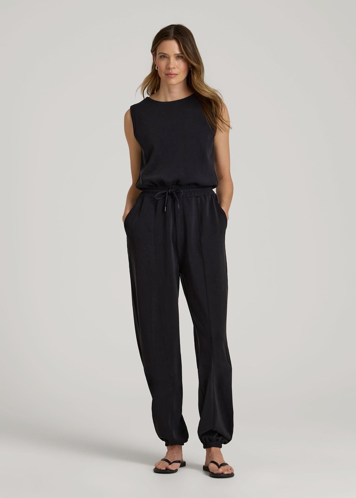 Soft Motion Sleeveless Sweatpant Jumpsuit for Tall Women in Black