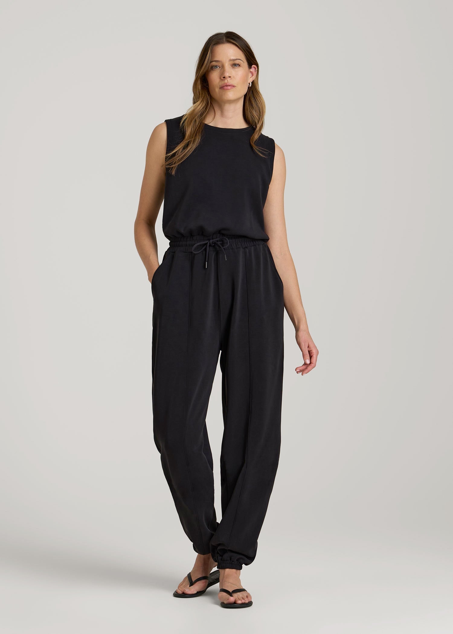 Soft Motion Sleeveless Sweatpant Jumpsuit for Tall Women in Black