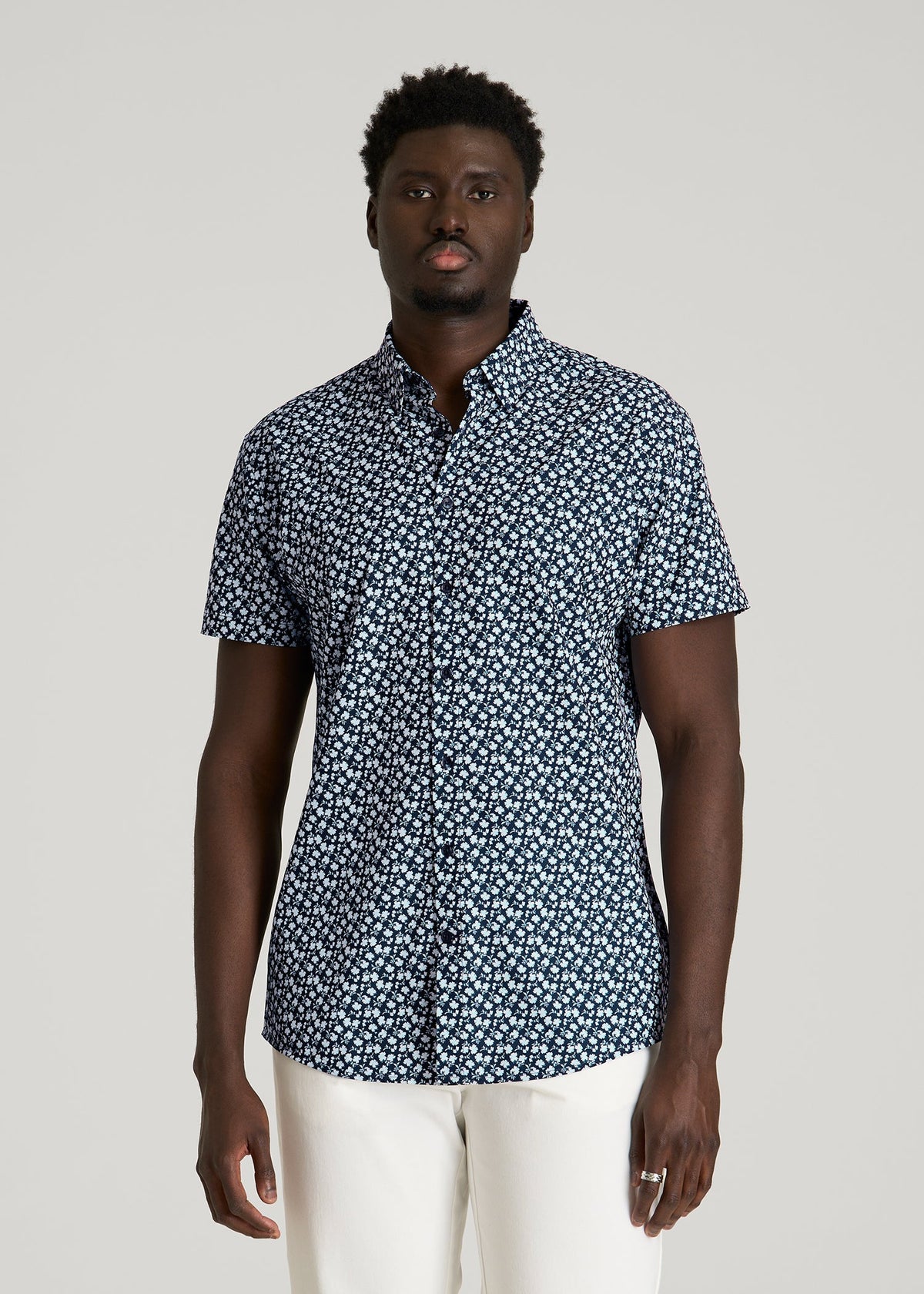 Short Sleeve Traveler Stretch Button Shirt for Tall Men in Ice Blue Mini Floral