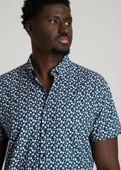 Short Sleeve Traveler Stretch Button Shirt for Tall Men in Ice Blue Mini Floral