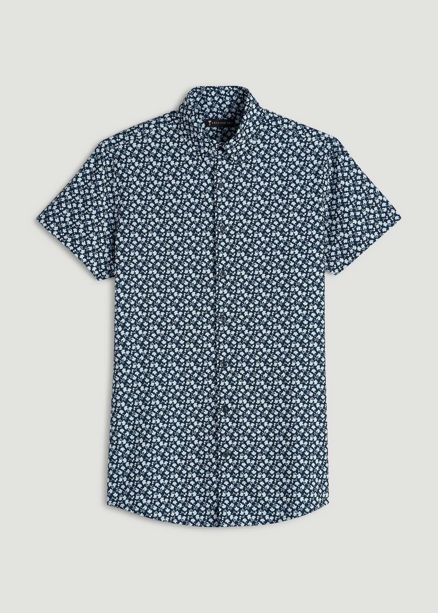 Short Sleeve Traveler Stretch Button Shirt for Tall Men in Ice Blue Mini Floral
