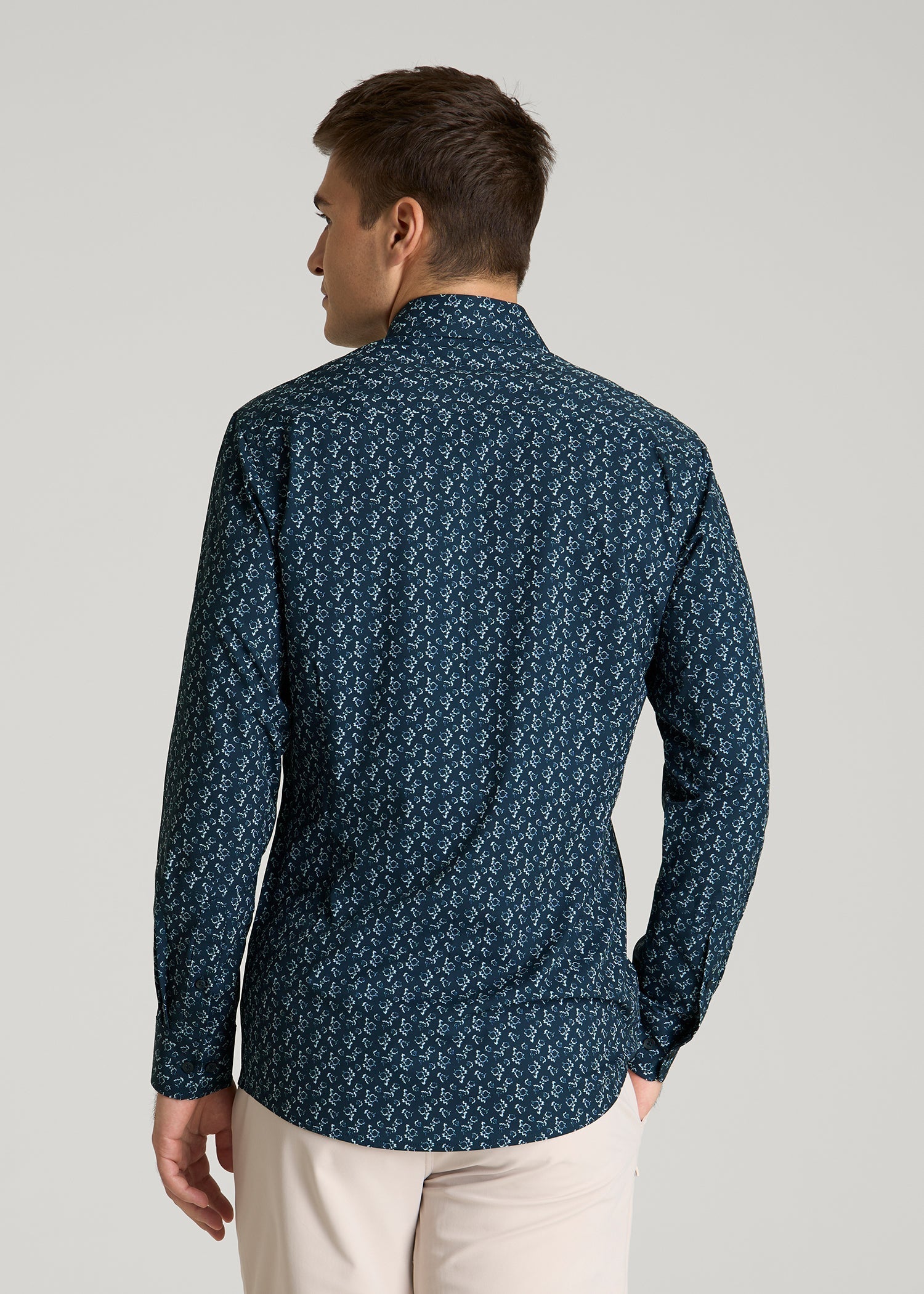 Traveler Stretch Dress Shirt for Tall Men in Royal Navy Floral