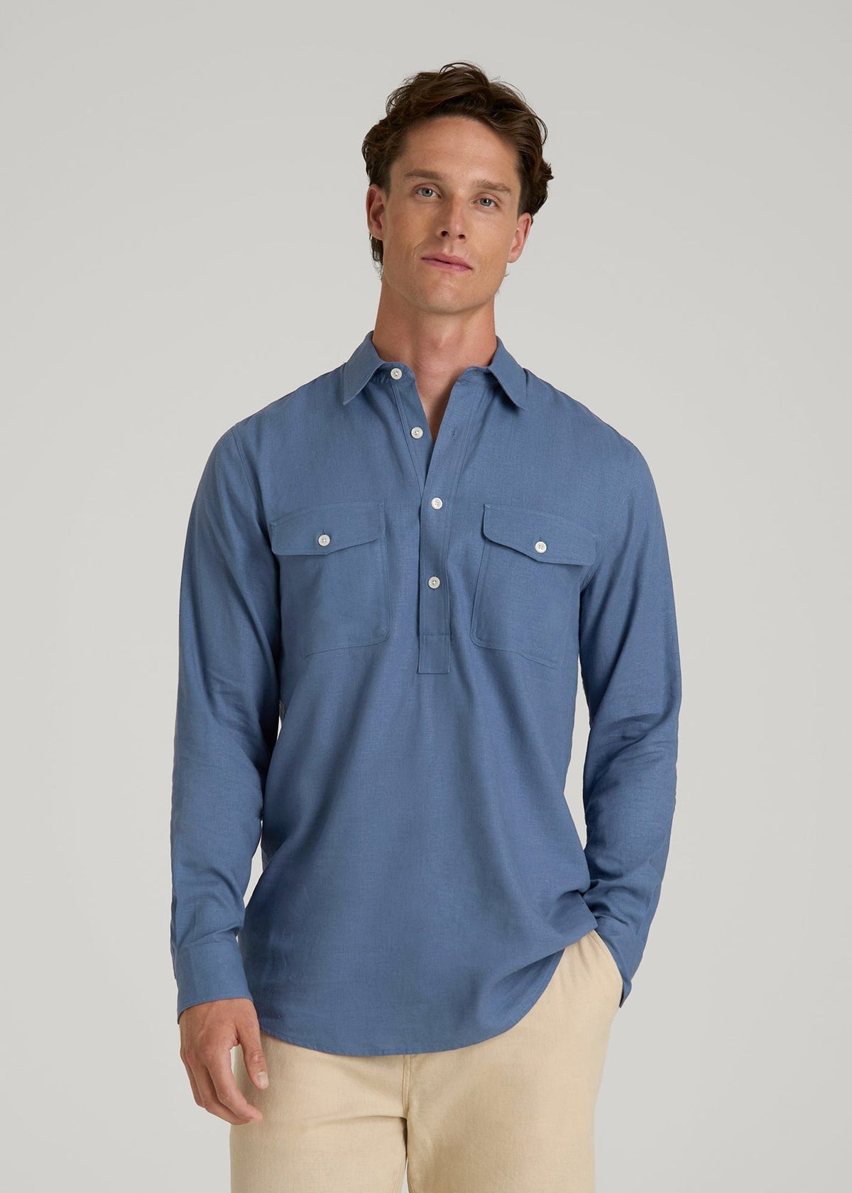 Linen Popover Shirt for Tall Men in Deep Cobalt