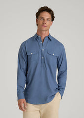 Linen Popover Shirt for Tall Men in Deep Cobalt