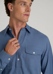 Linen Popover Shirt for Tall Men in Deep Cobalt