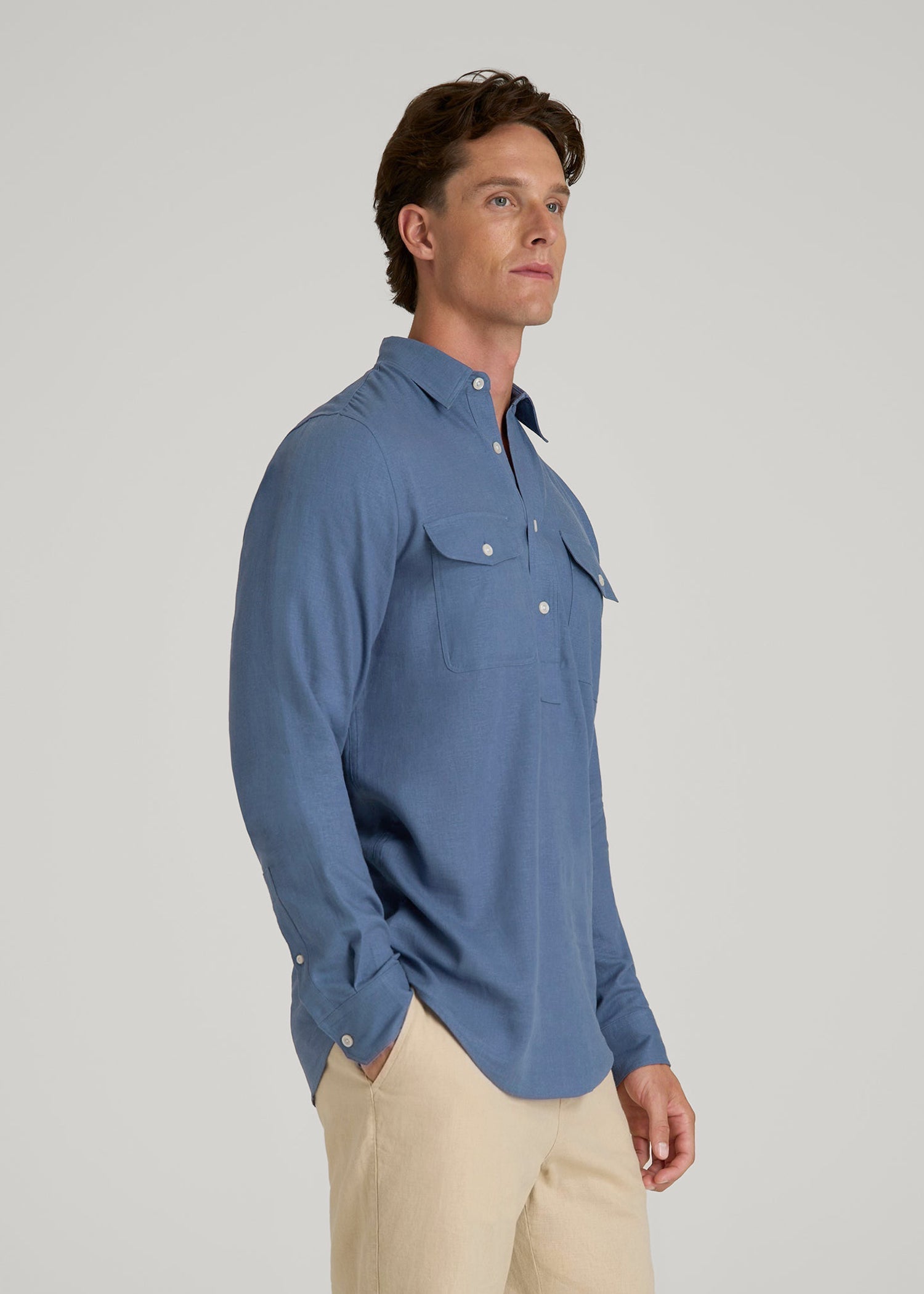 Linen Popover Shirt for Tall Men in Deep Cobalt