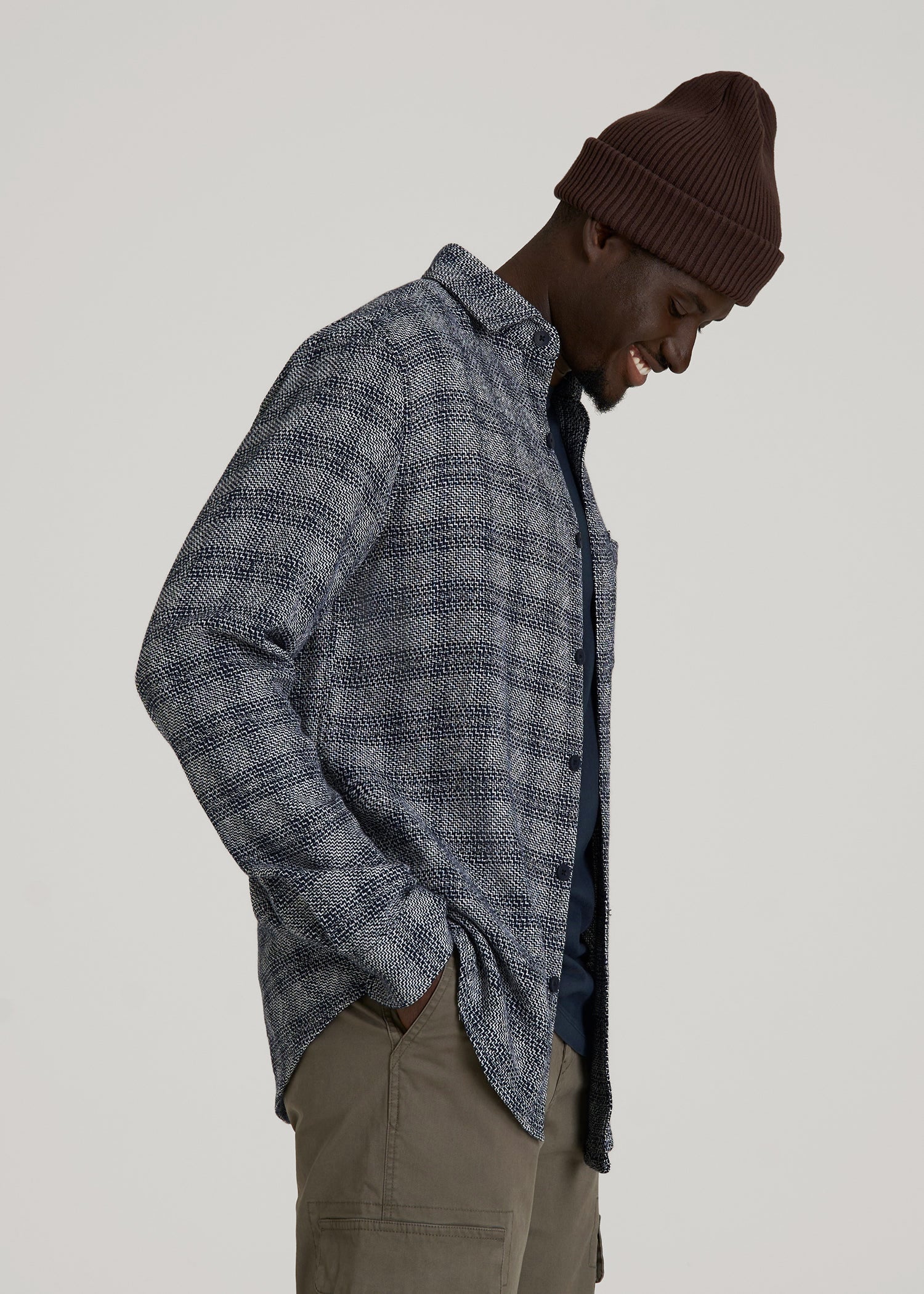 Lightweight Woven Overshirt for Tall Men in Navy Textured Grid