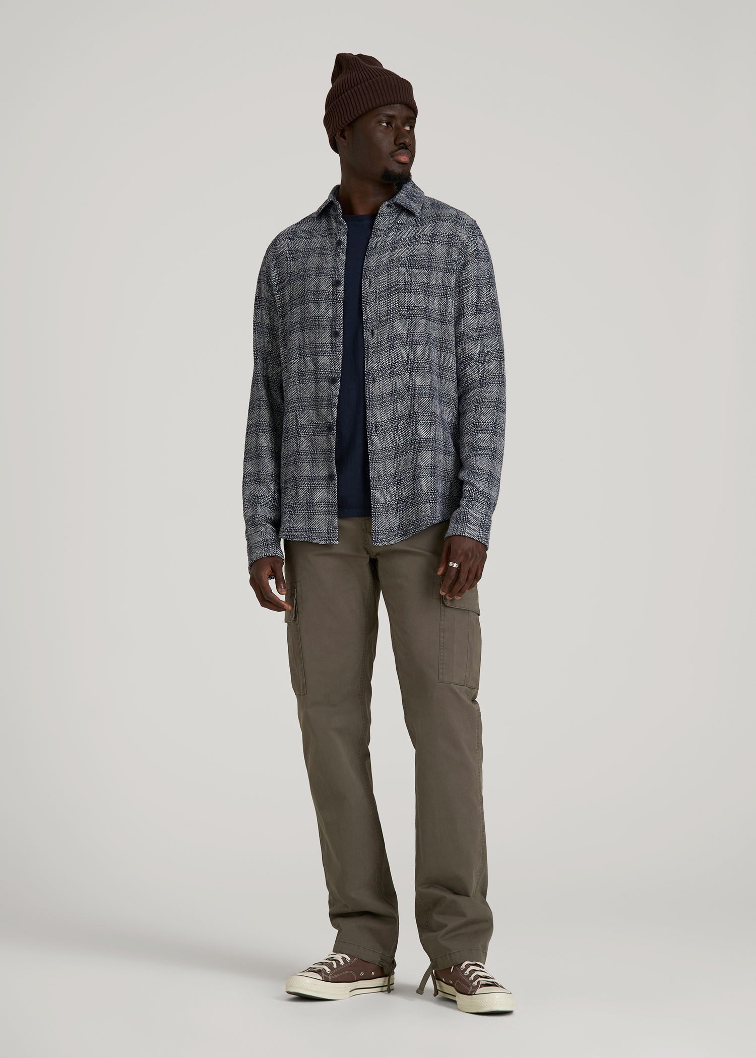 Lightweight Woven Overshirt for Tall Men in Navy Textured Grid