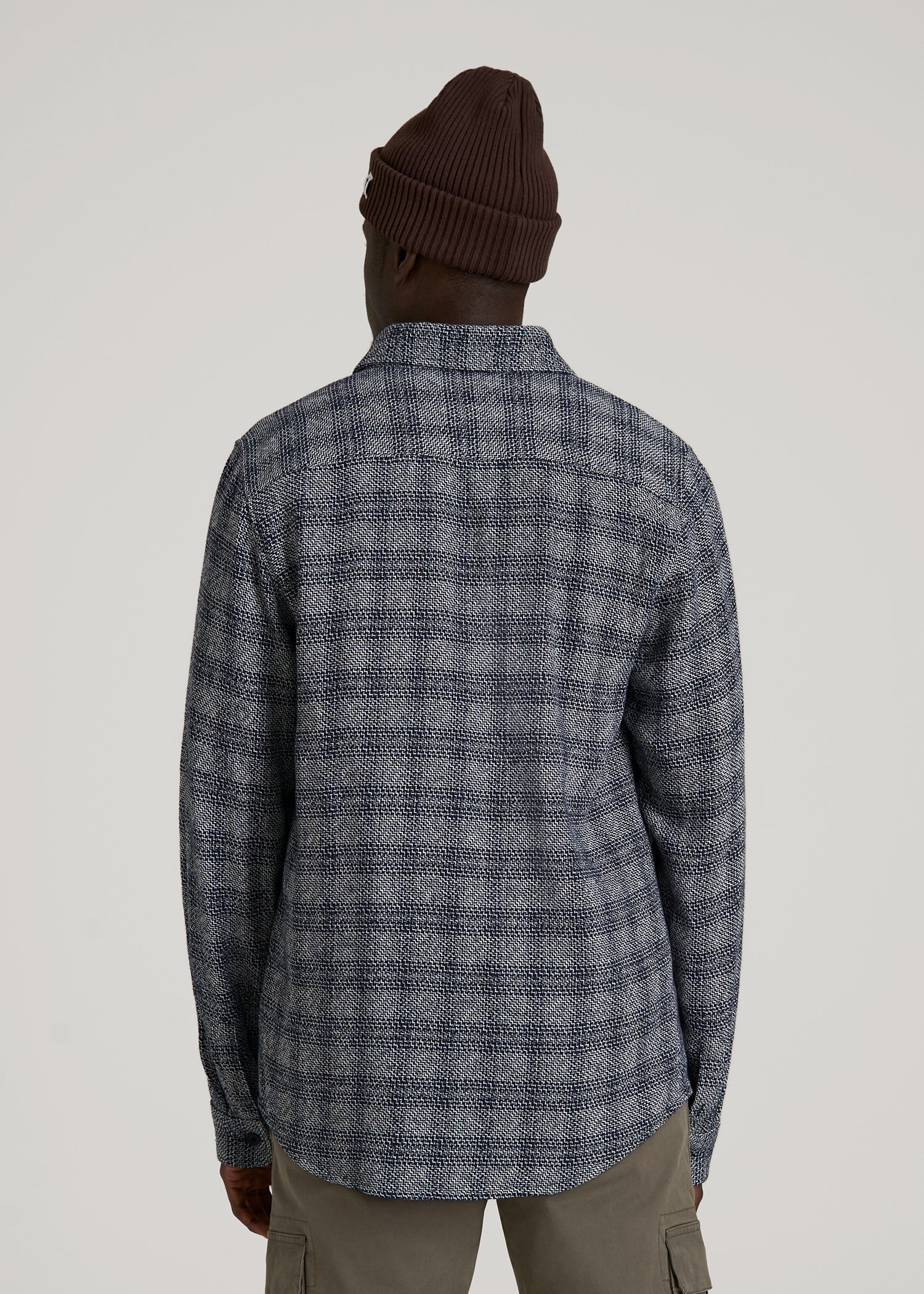 Lightweight Woven Overshirt for Tall Men in Navy Textured Grid