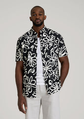 Seersucker Short Sleeve Shirt for Tall Men in Black and White Floral