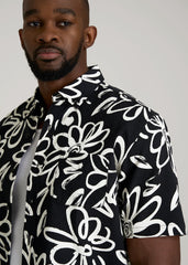 Seersucker Short Sleeve Shirt for Tall Men in Black and White Floral