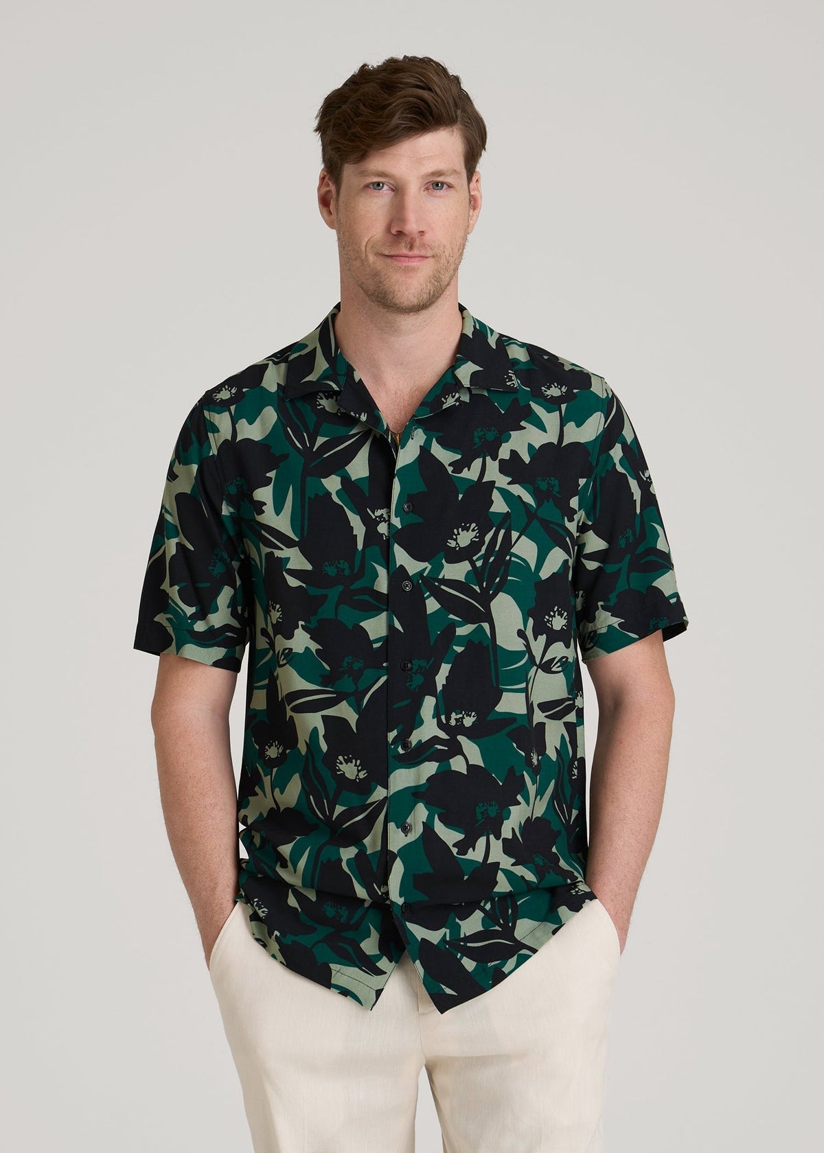 Short Sleeve Resort Shirt for Tall Men in Green and Black Floral