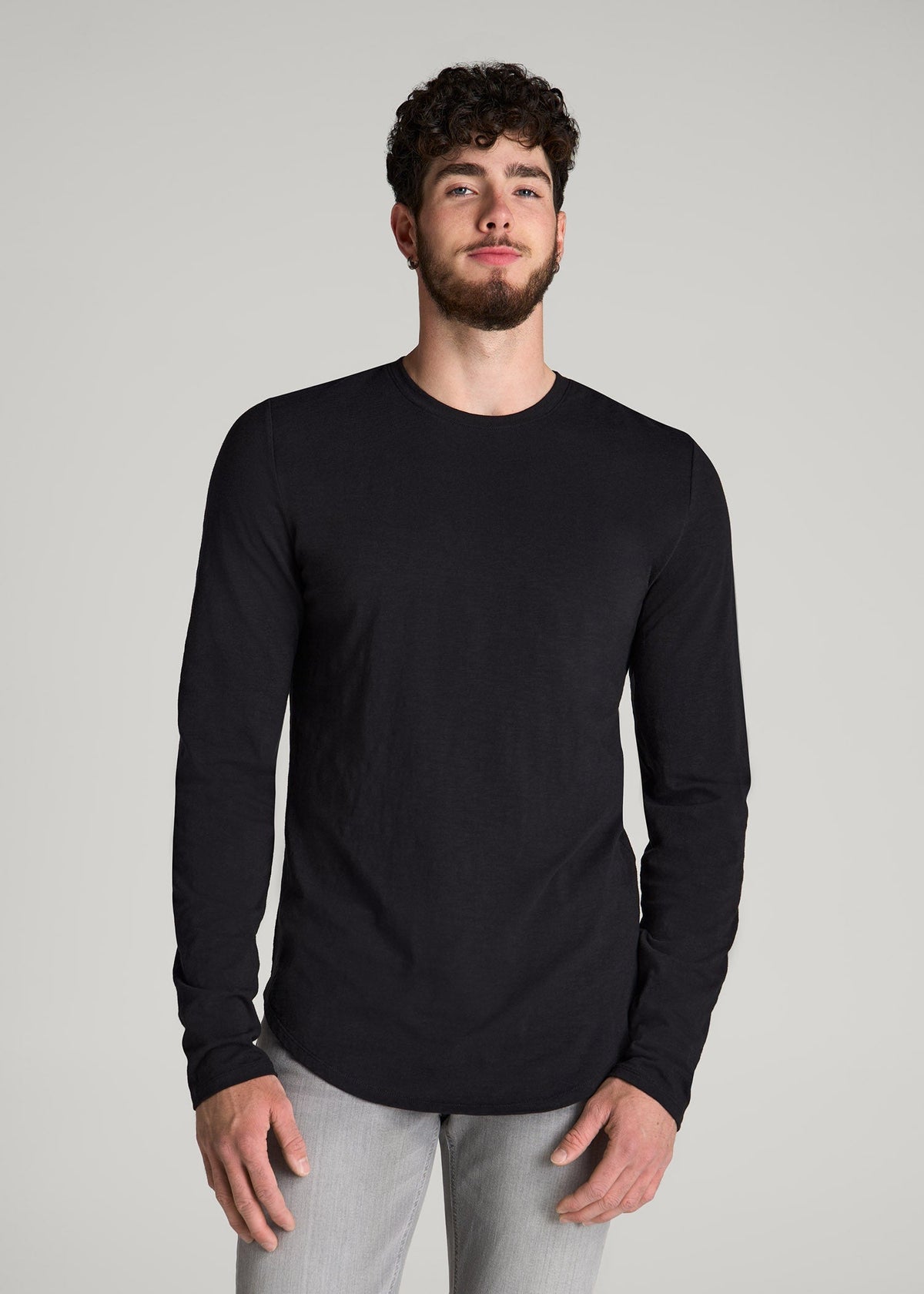 Slub Long Sleeve Scoop Tee for Tall Men in Black