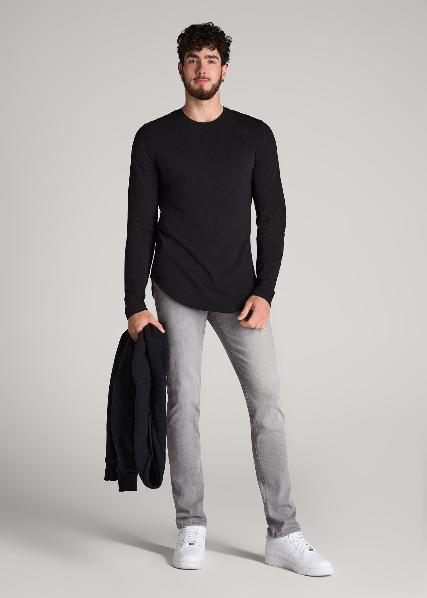 Slub Long Sleeve Scoop Tee for Tall Men in Black