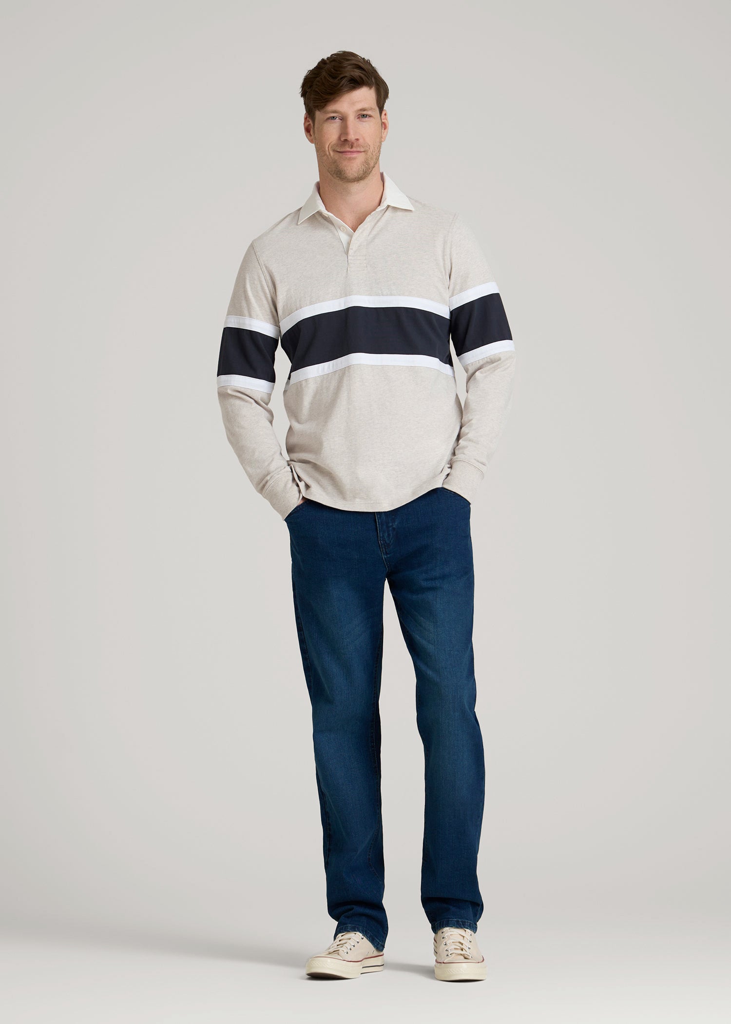 Rugby Long Sleeve Shirt for Tall Men in Oatmeal Heather Multi