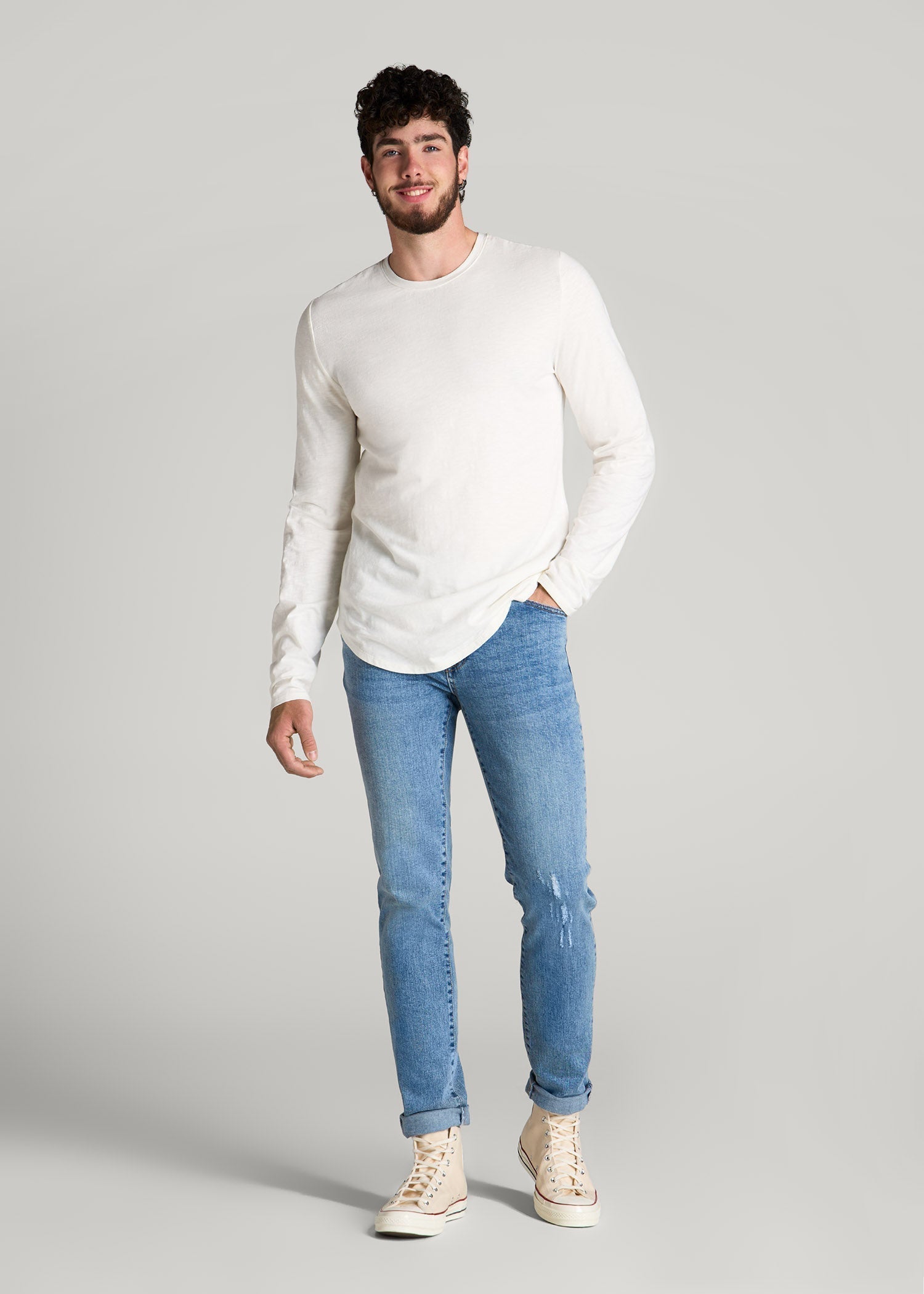 Slub Long Sleeve Scoop Tee for Tall Men in Ecru