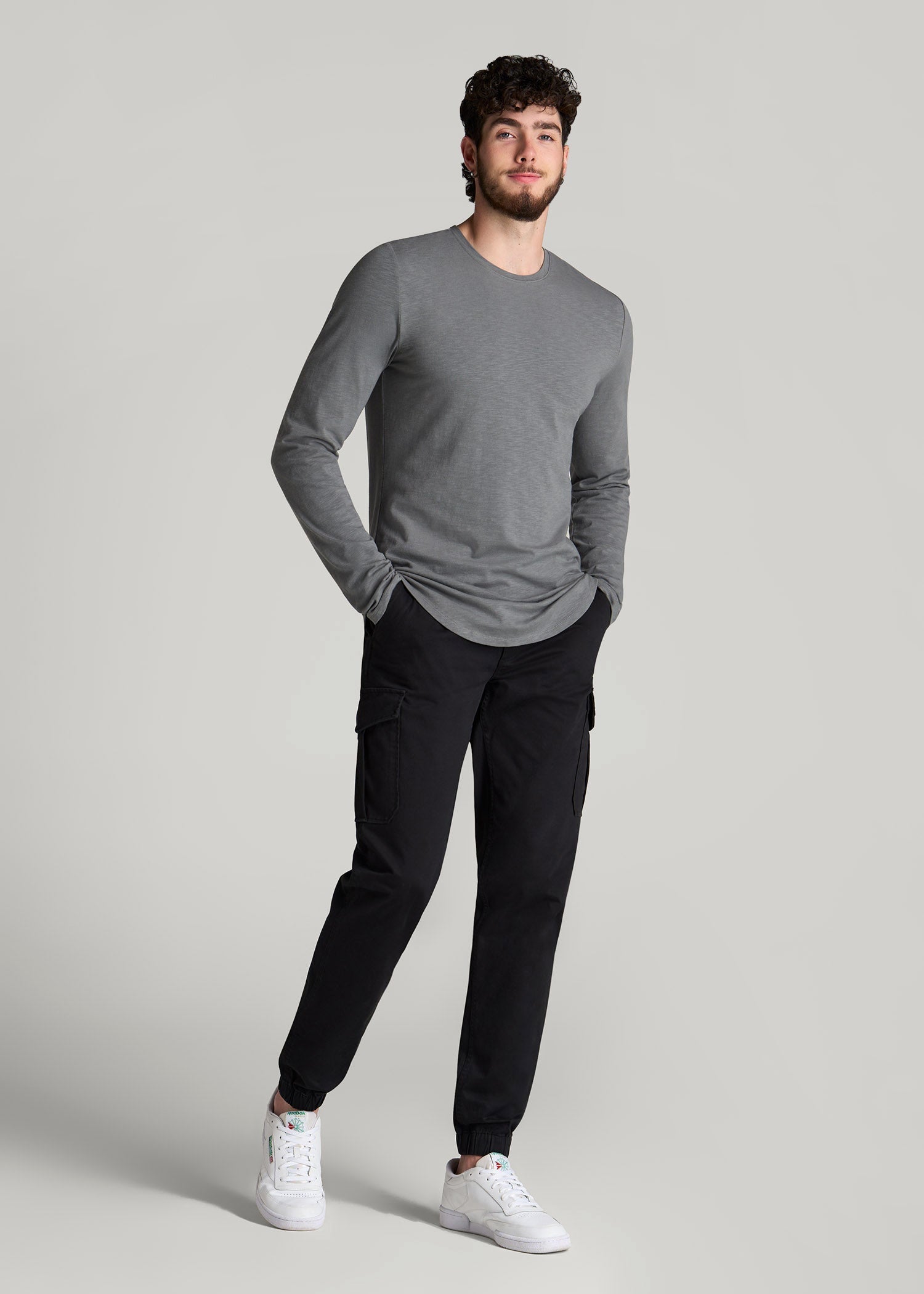 Slub Long Sleeve Scoop Tee for Tall Men in Charcoal