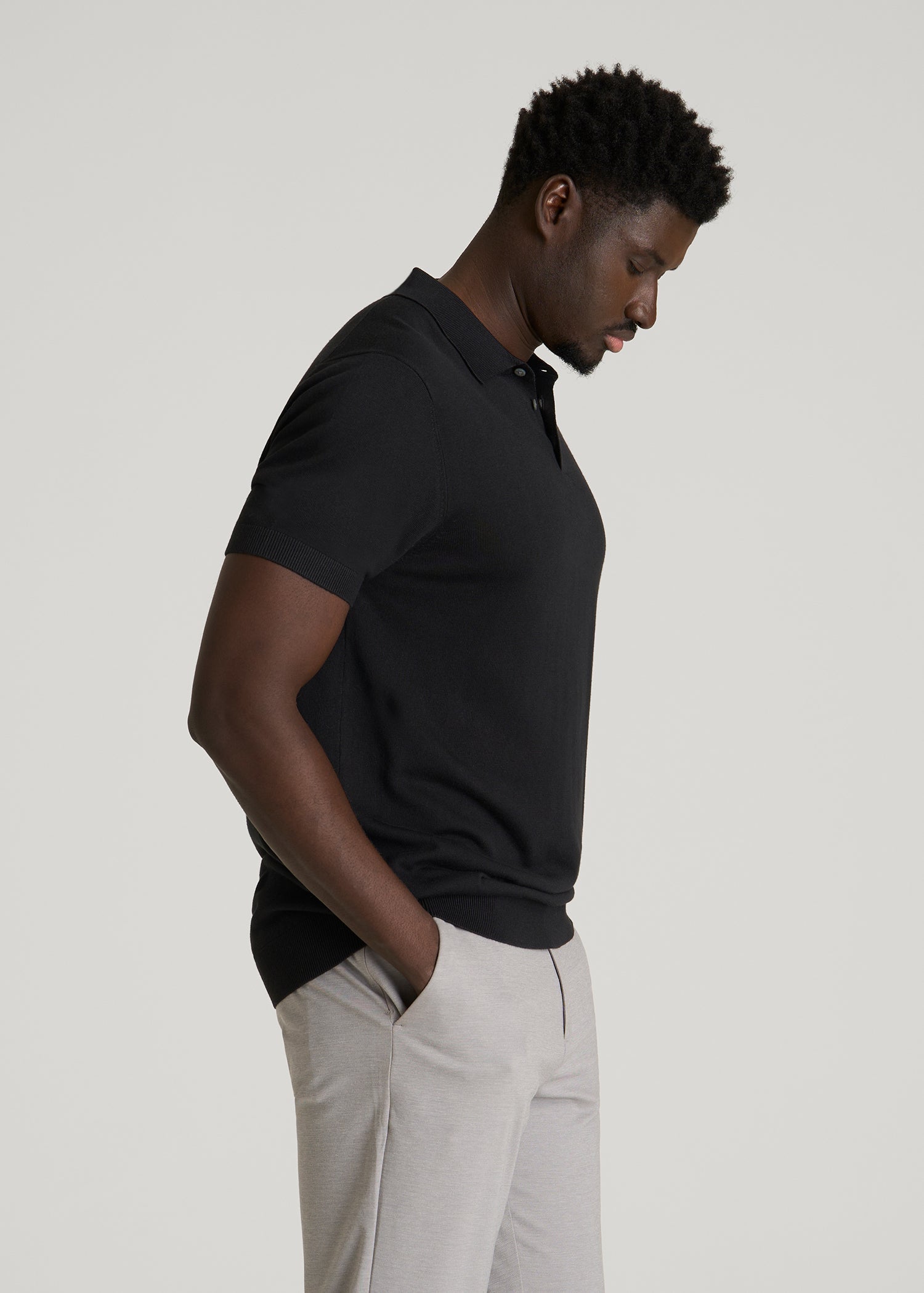 Linen Blend Knit Polo for Tall Men in Black