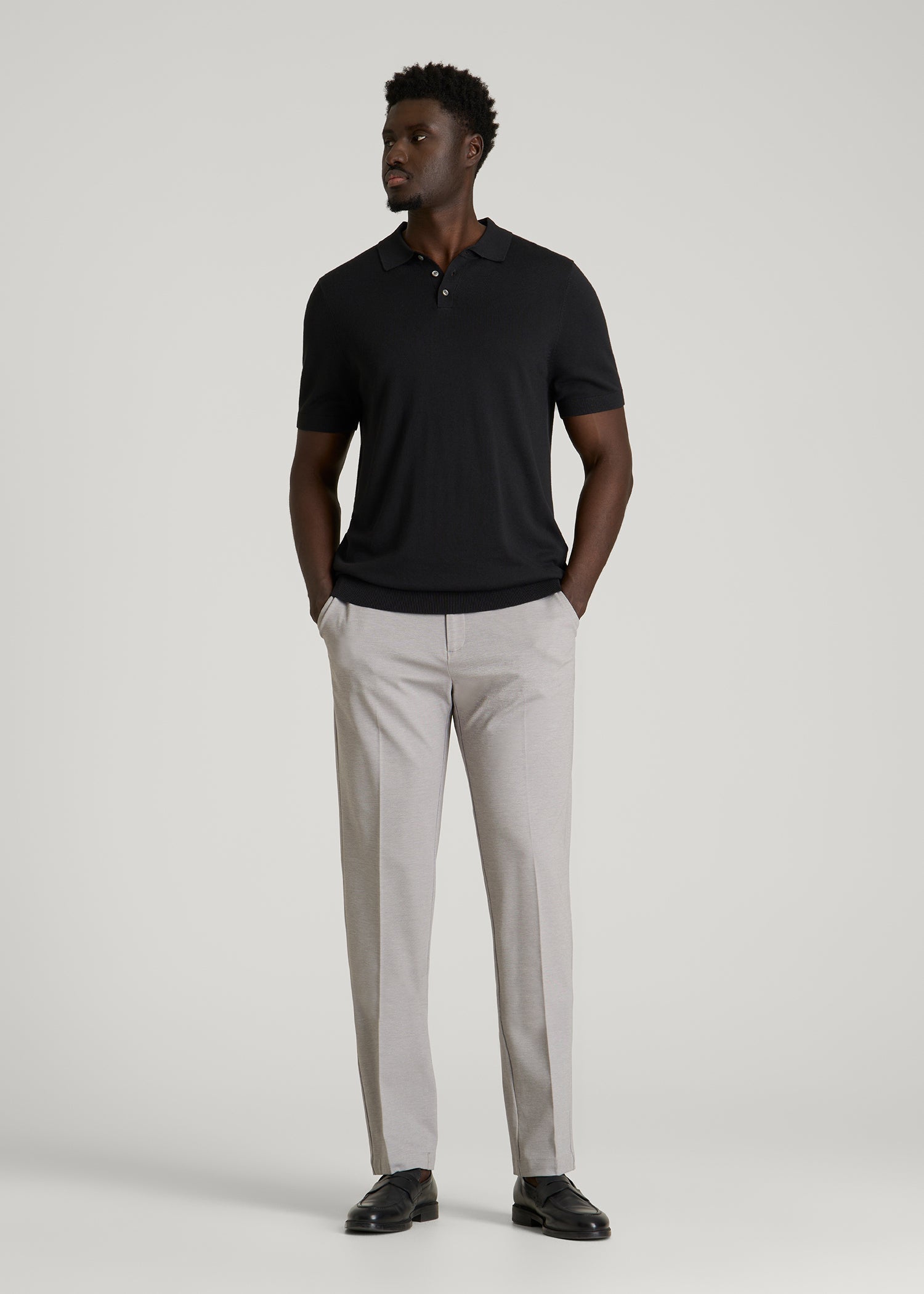 Linen Blend Knit Polo for Tall Men in Black