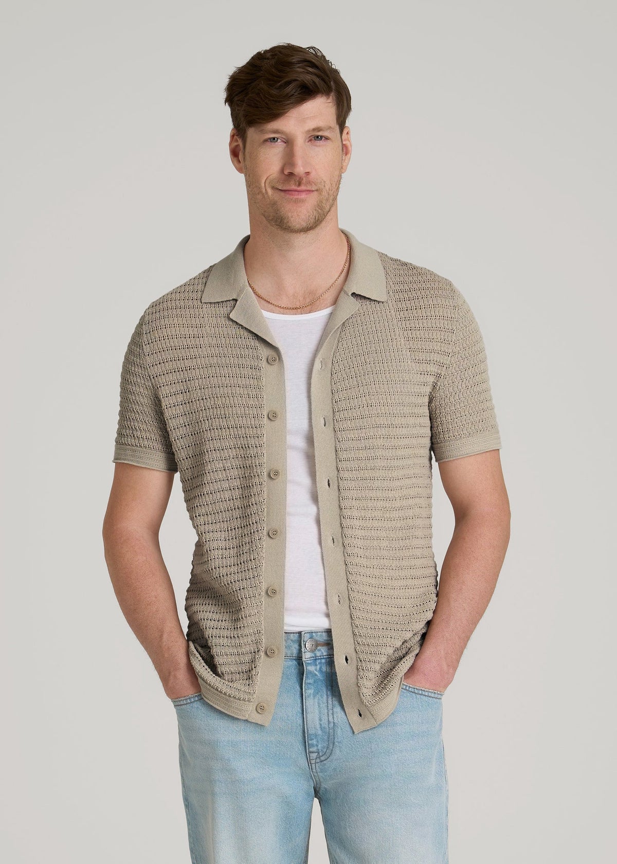Short Sleeve Crochet Polo Cardigan for Tall Men in Light Khaki
