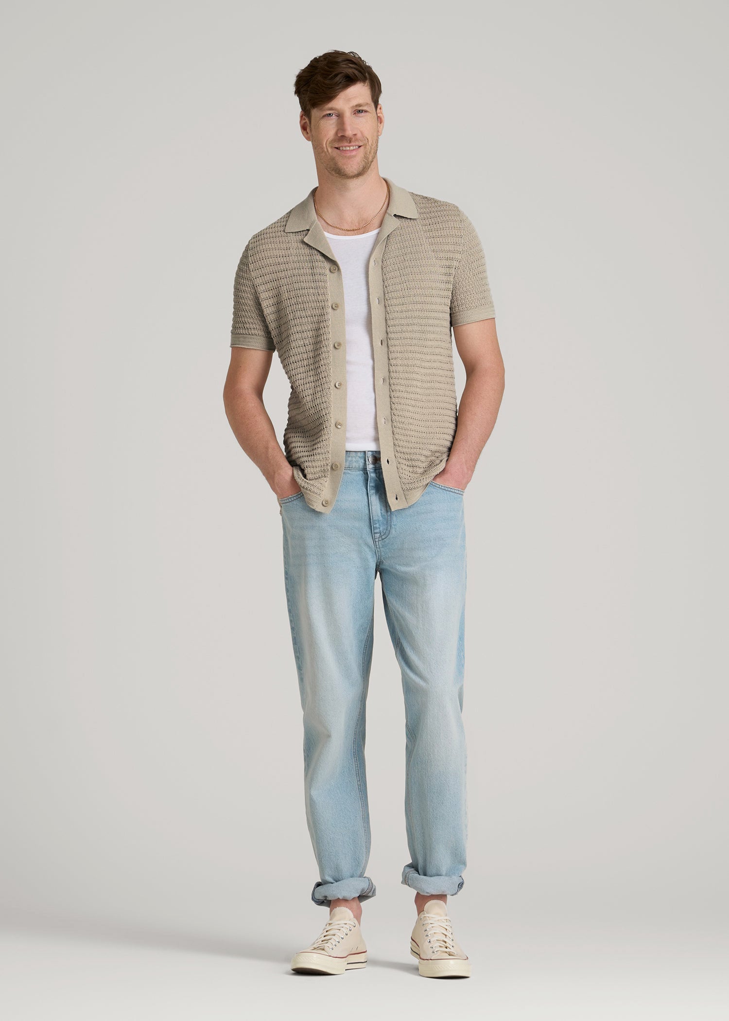 Short Sleeve Crochet Polo Cardigan for Tall Men in Light Khaki