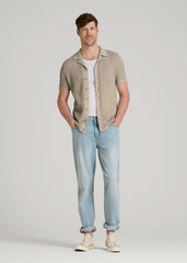 Short Sleeve Crochet Polo Cardigan for Tall Men in Light Khaki