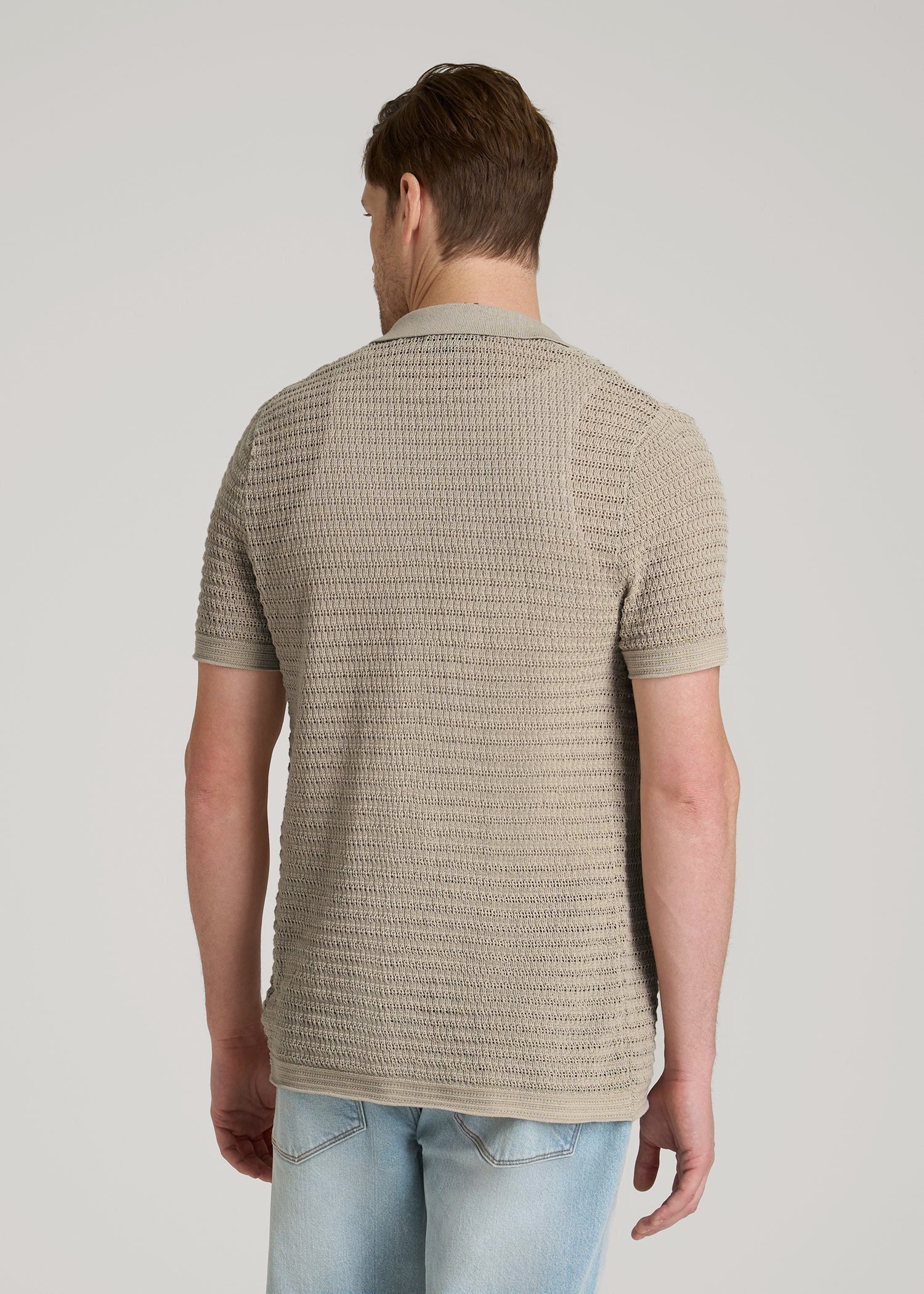 Short Sleeve Crochet Polo Cardigan for Tall Men in Light Khaki