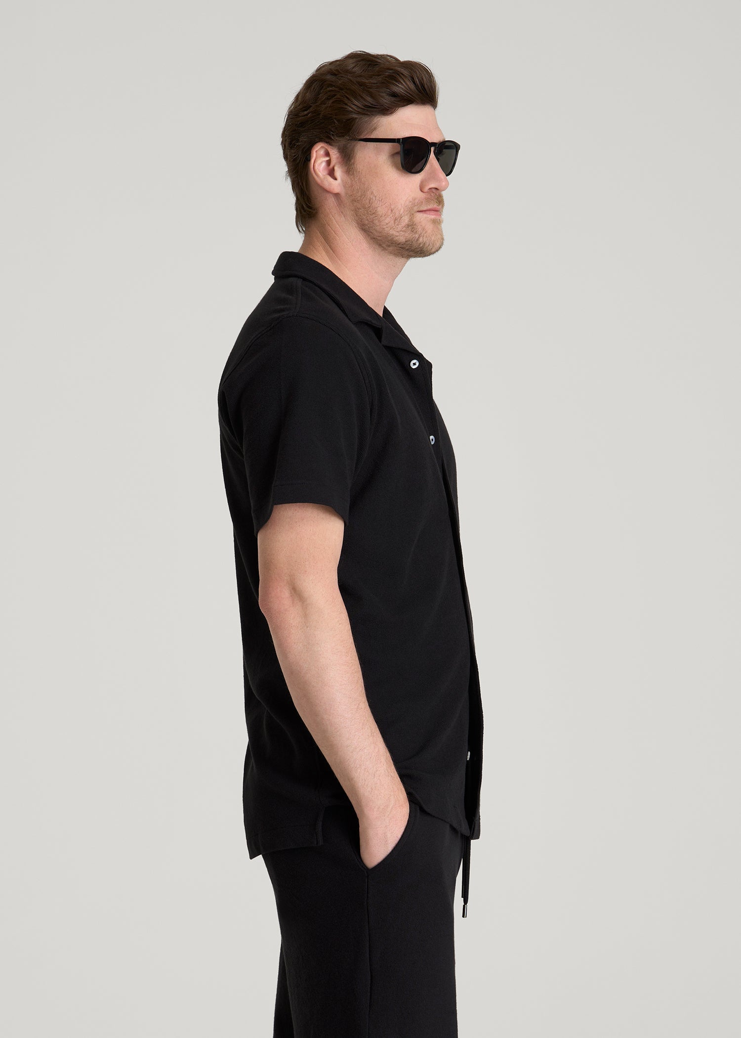 Terry Cotton Polo Cardigan for Tall Men in Black