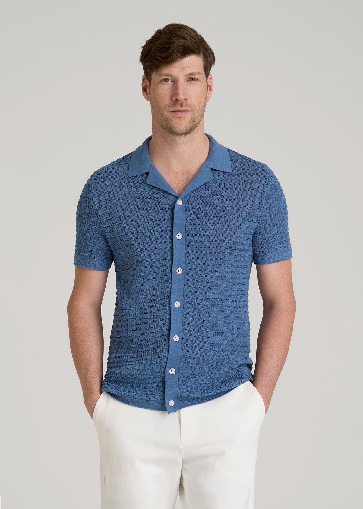 Short Sleeve Crochet Polo Cardigan for Tall Men in Deep Cobalt