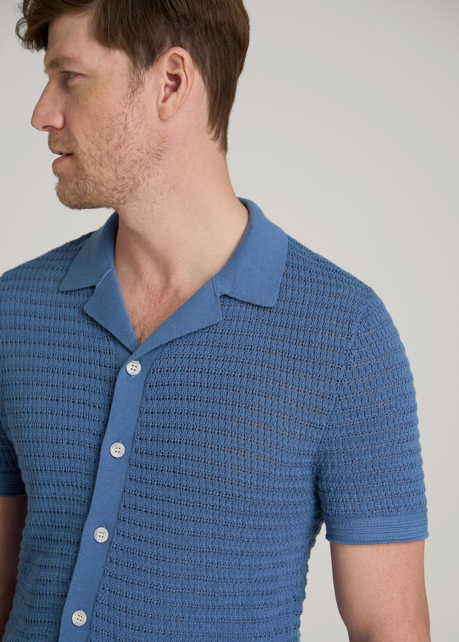 Short Sleeve Crochet Polo Cardigan for Tall Men in Deep Cobalt