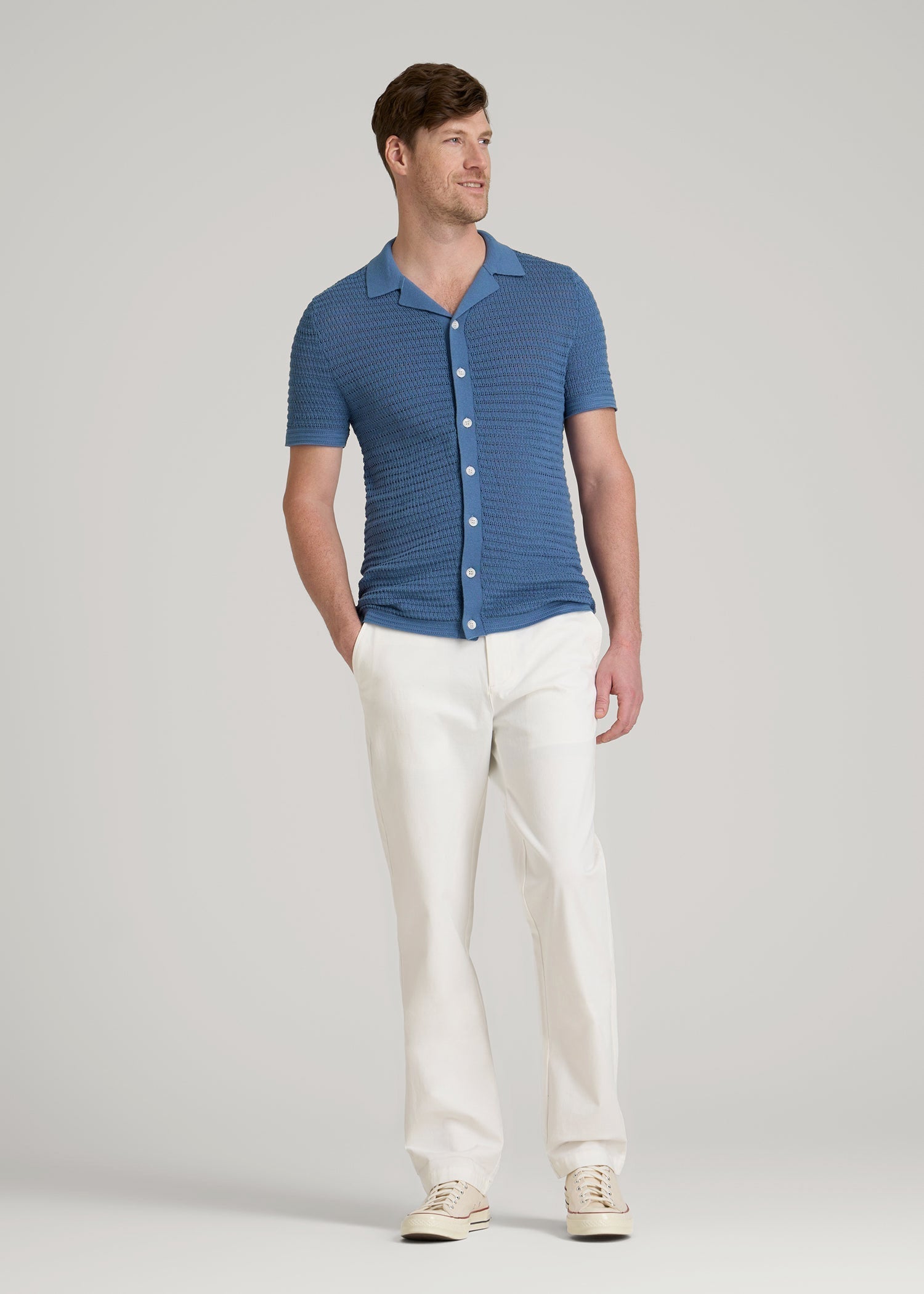 Short Sleeve Crochet Polo Cardigan for Tall Men in Deep Cobalt