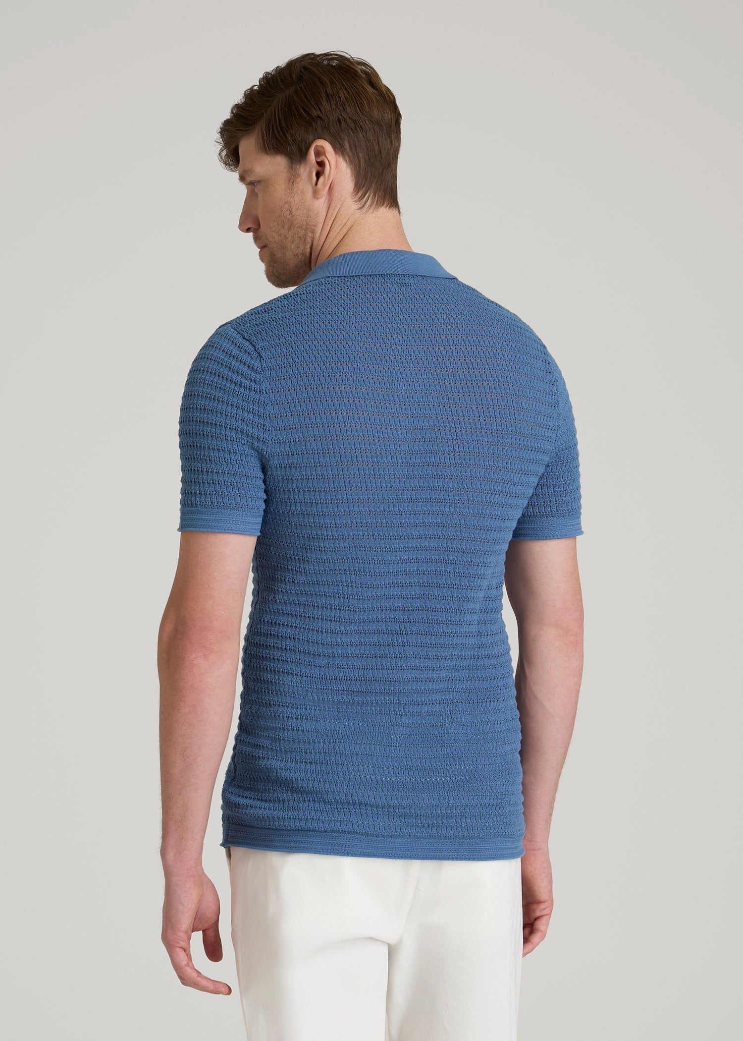 Short Sleeve Crochet Polo Cardigan for Tall Men in Deep Cobalt
