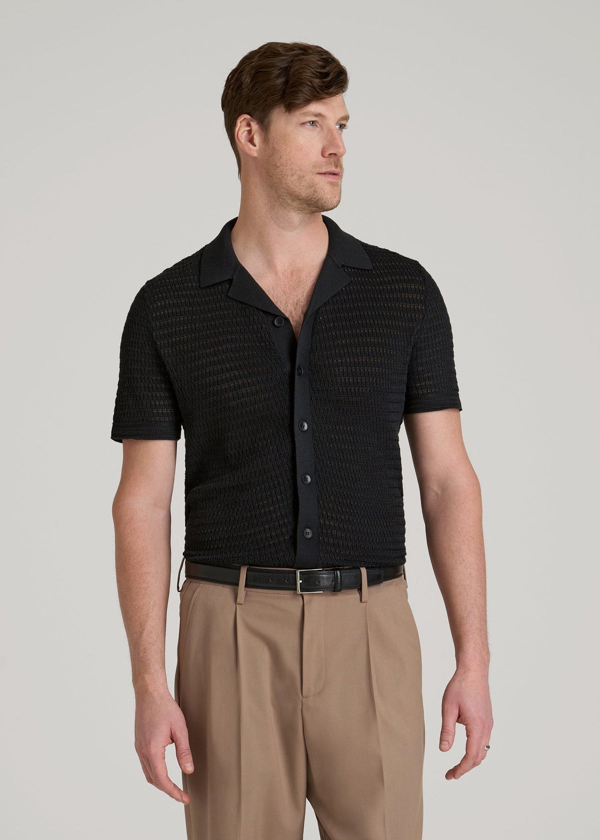 Short Sleeve Crochet Polo Cardigan for Tall Men in Black
